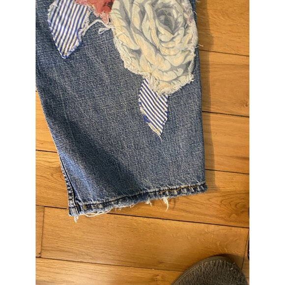 OOAK SAVED JEANS REFASHIONED UPCYCLED PATCHED DISTRESSED WASHED AND FRINGED 16A - Picture 15 of 16